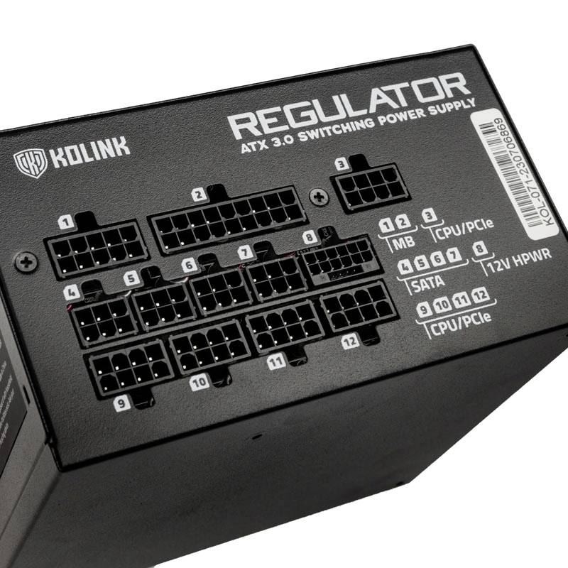 'Kolink Regulator ATX 3.0 Switching Power Supply' mit Anschlüssen für verschiedene Komponenten, inklusive PCIe und SATA.