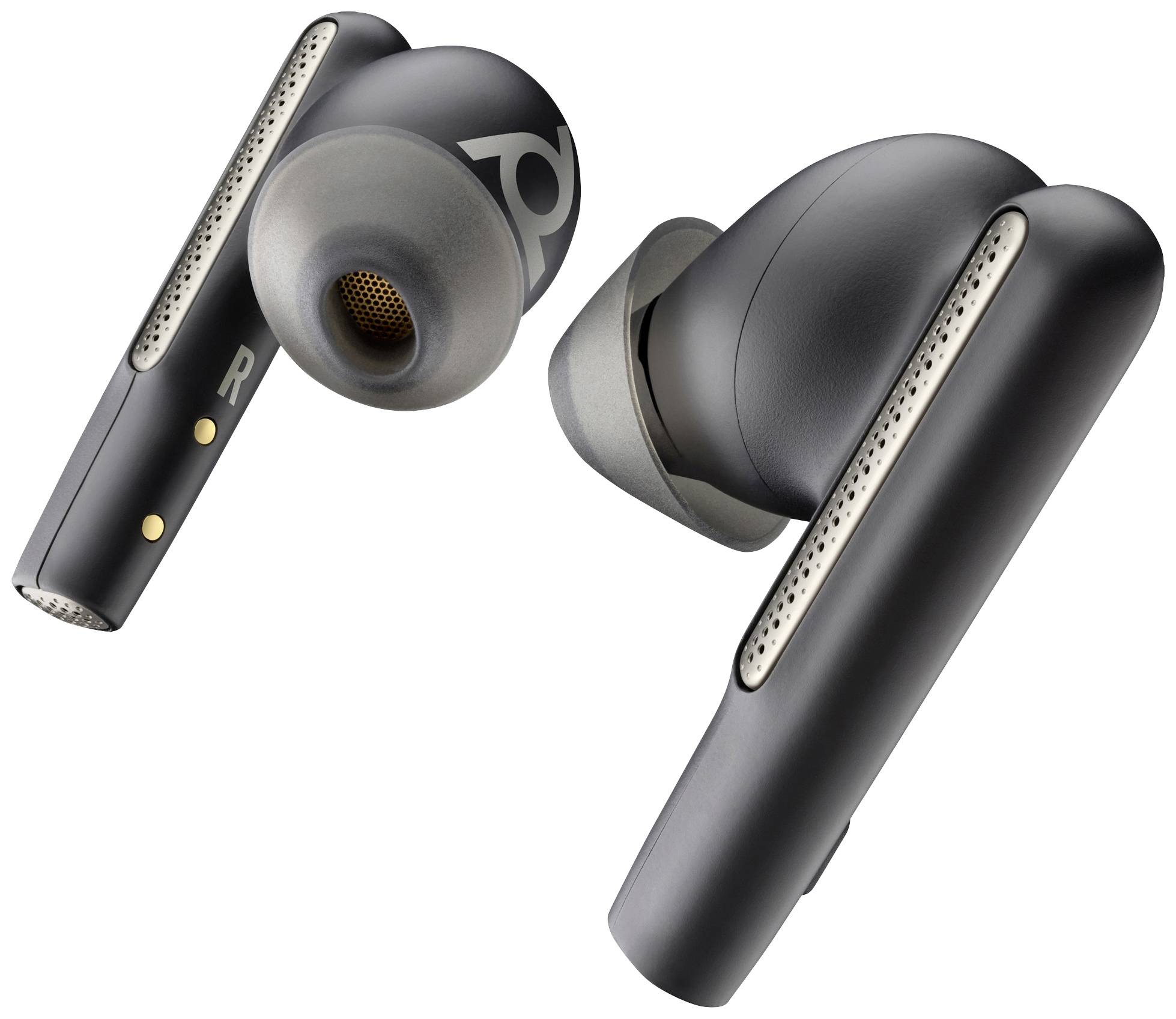 Kabellose schwarze In-Ear-Ohrhörer mit silbernen Details, im modernen Design.