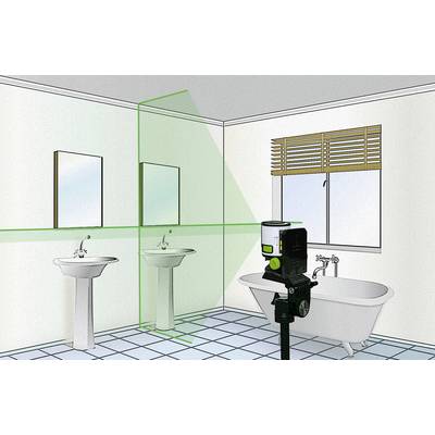 Laserwasserwaage projiziert grüne Linien im Badezimmer zur Ausrichtung von Spiegeln und Waschbecken.