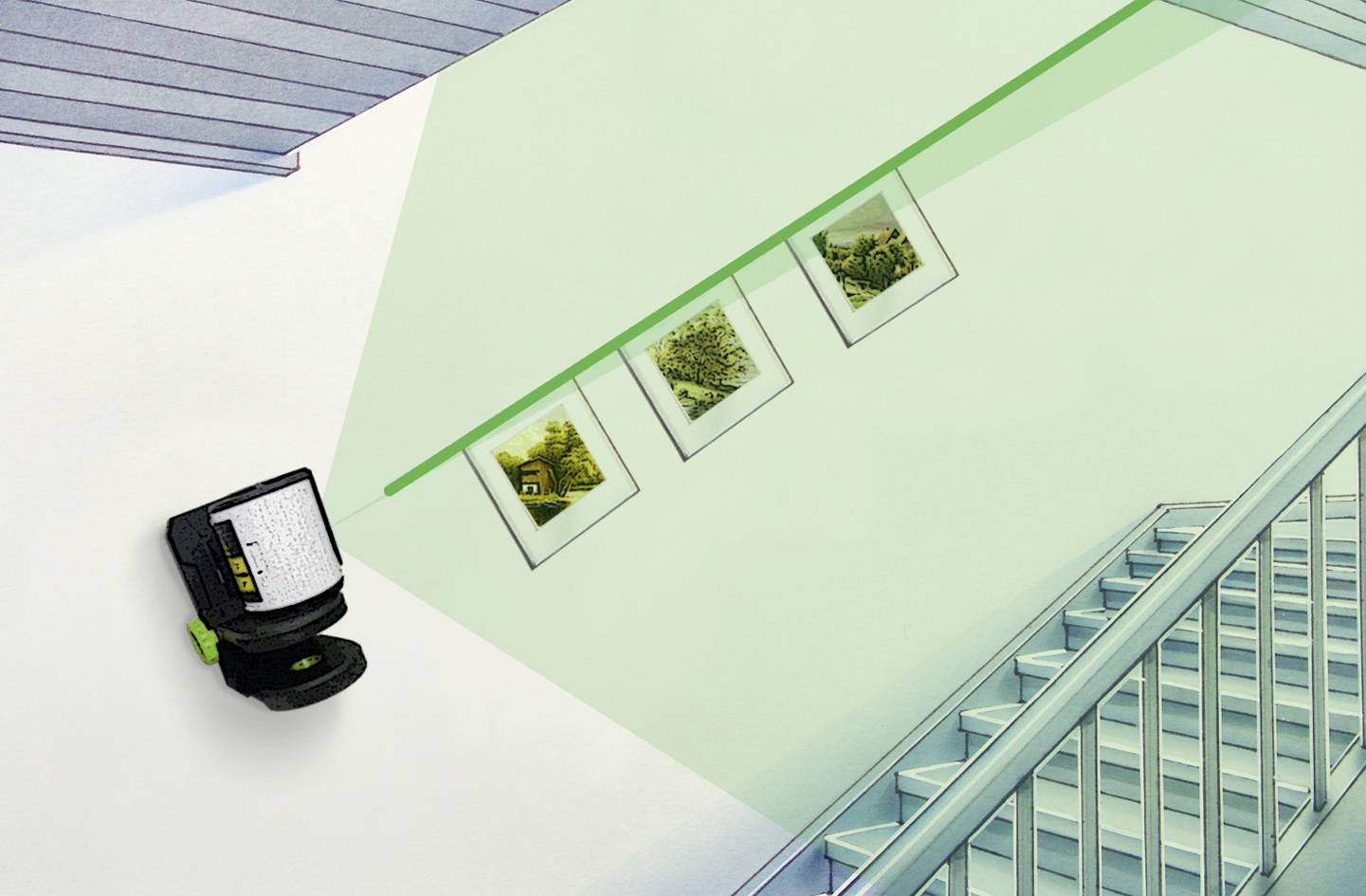 'Raum mit Projektor, der Bilder an eine schräge Wand projiziert, daneben eine Treppe. Drei Bilder werden durch grünen Laser hervorgehoben.'