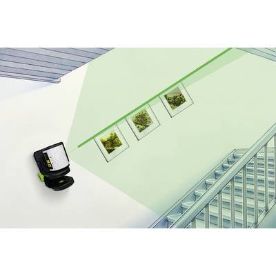 'Raum mit Projektor, der Bilder an eine schräge Wand projiziert, daneben eine Treppe. Drei Bilder werden durch grünen Laser hervorgehoben.'