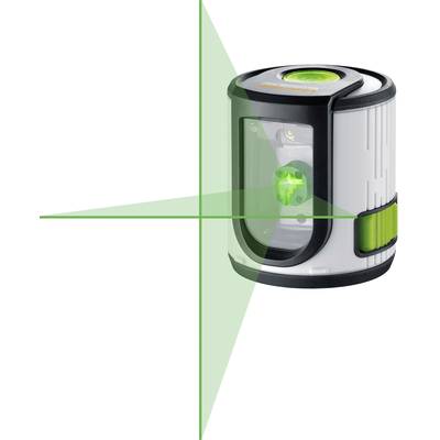 Ein elektronisches Laser-Nivelliergerät, das grüne Laserlinien in einem Kreuz projiziert, zur genauen Ausrichtung verwendet.