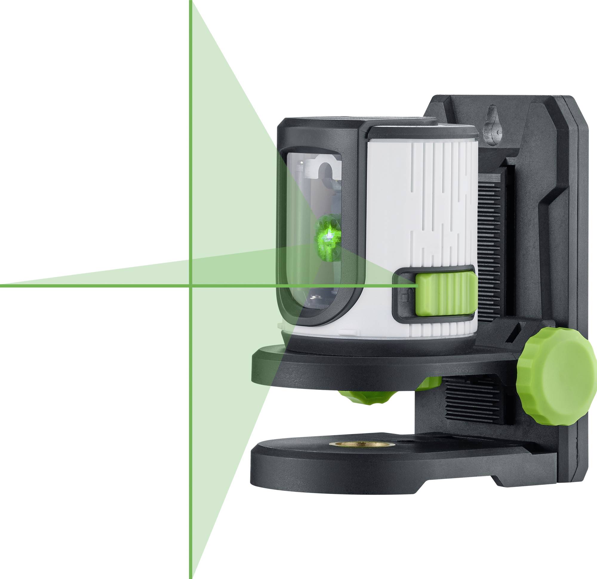 Ein grüner Kreuzlinienlaser auf einem Halterungssystem projiziert horizontale und vertikale Linien zur präzisen Ausrichtung.