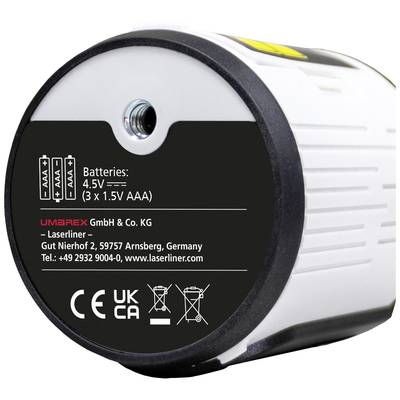 Batteriefach eines Geräts mit Angaben: 'Batteries: 4.5V (3 x 1.5V AAA)' und Herstellerinformationen. Symbol für Entsorgungshinweis.