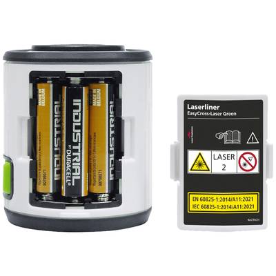 Kreuzlinienlaser mit offener Batteriefachansicht. Zwei 'Industrial' Duracell-Batterien sind sichtbar. Laserklasse 2 Warnhinweis.