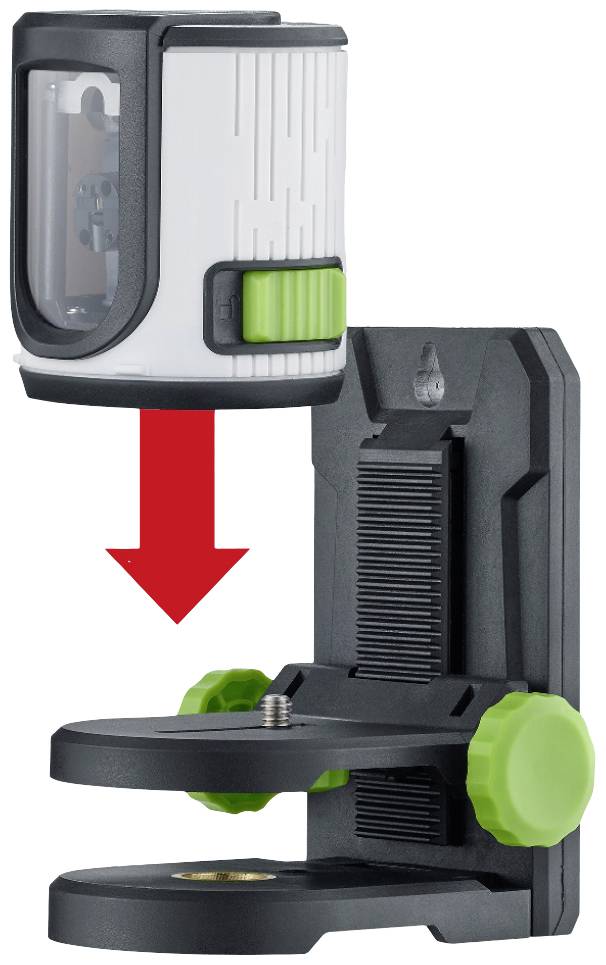 Laser-Nivelliergerät mit integriertem Stativadapter und grünen Bedienelementen, roter Pfeil deutet auf die Verstellbarkeit hin.
