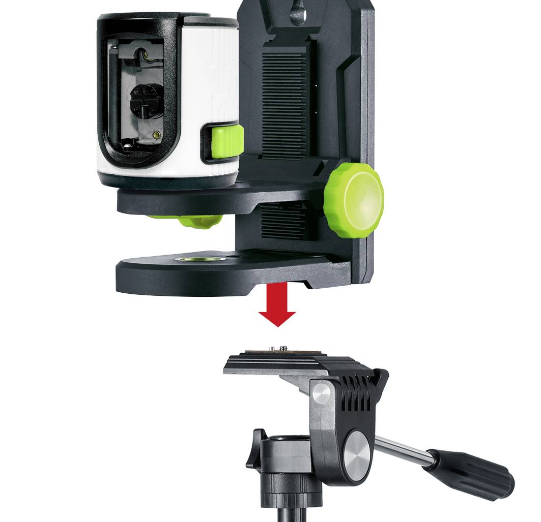 Montageanleitung für einen Laser-Nivellier auf einem Stativkopf, illustriert durch Pfeil; Fokus auf Halterungs- und Plattenmechanismus.