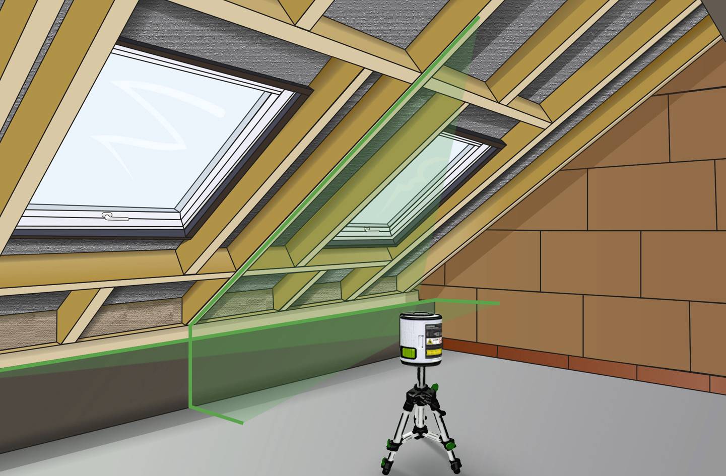 Ein Dachboden mit Holzsparren und zwei Dachfenstern. Ein Laser-Nivelliergerät auf einem Stativ projiziert Linien für Bauarbeiten.