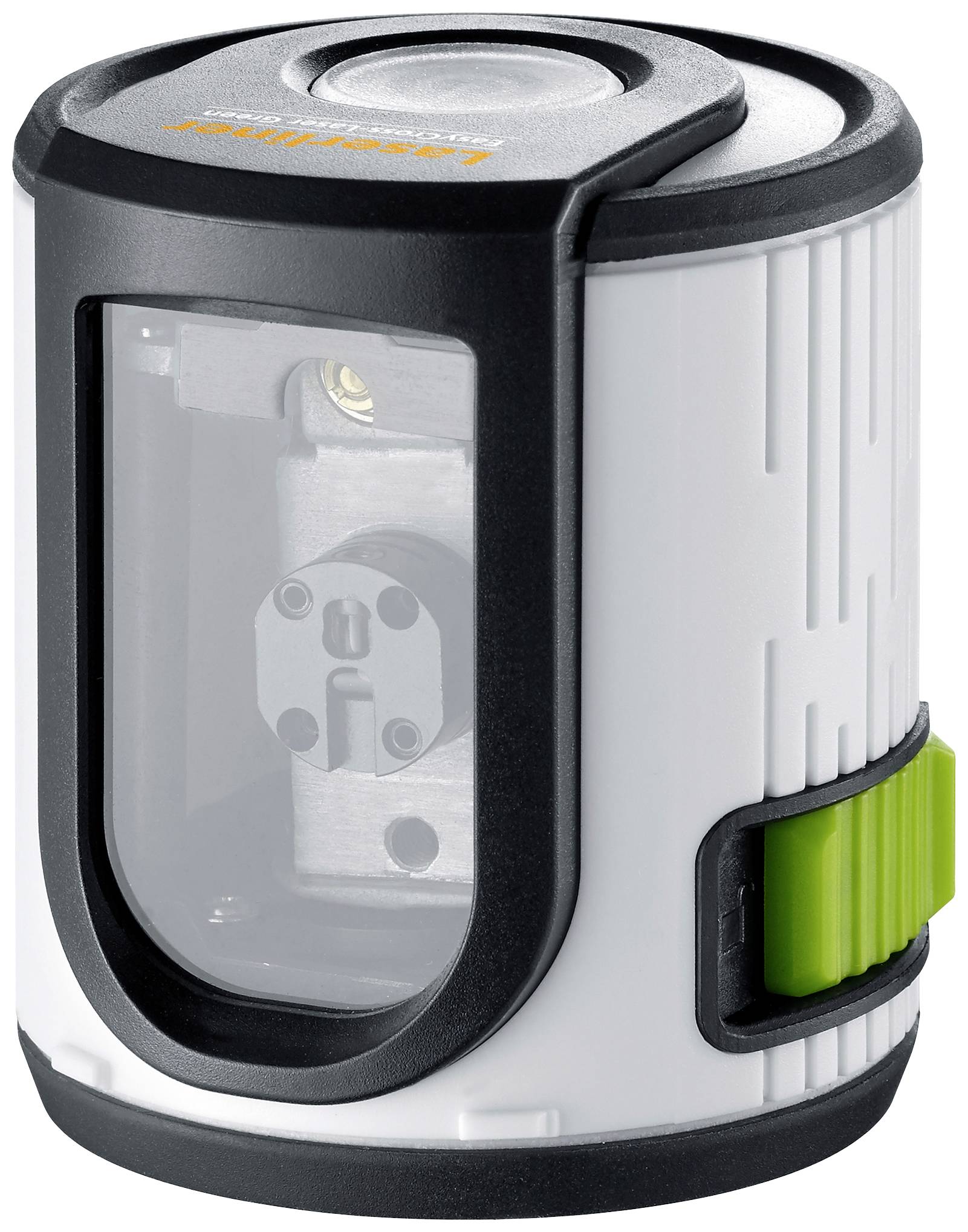 Ein runder Laserentfernungsmesser mit durchsichtigem Gehäuse und grünem Knopf. Er zeigt innere mechanische Komponenten.