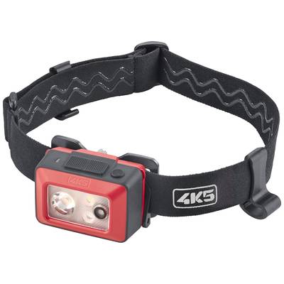 Rote und schwarze Stirnlampe mit elastischem Kopfband und zwei Lichtquellen. Sie trägt das '4K5'-Logo auf dem Band.