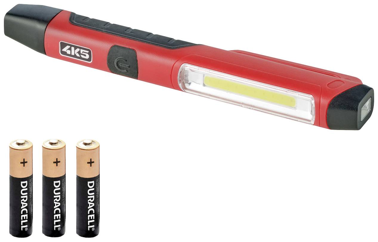 Rote LED-Stablampe mit Duracell-Batterien daneben.