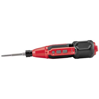 Ein roter, elektrischer Schraubenzieher mit schwarzem Griff und Bedienelementen an der Seite. Ideal für präzises Schrauben.
