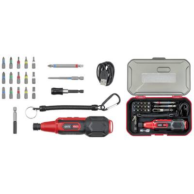 Akkuschrauber-Set mit rotem Schraubendreher, USB-Kabel, verschiedenen Bits und kompaktem Etui zur Aufbewahrung.