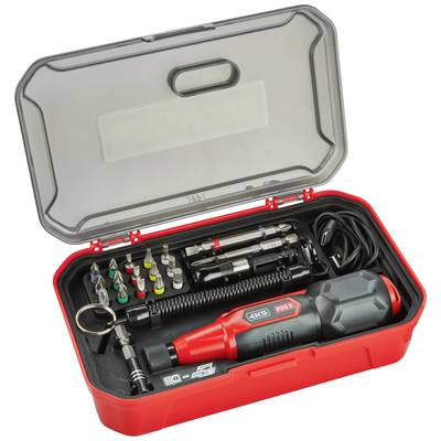'Satz aus Elektrowerkzeugen in einem roten Kunststoffkoffer, mit Schraubendreher, Bits, Bohrern und Zubehör, ordentlich angeordnet.'