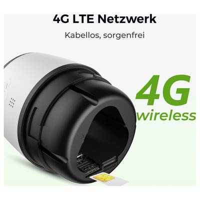 Eine Nahaufnahme eines 4G-LTE-Drahtlosgeräts mit einem SIM-Kartensteckplatz, beschriftet mit '4G Wireless' und 'Kabellos, sorgenfrei'.