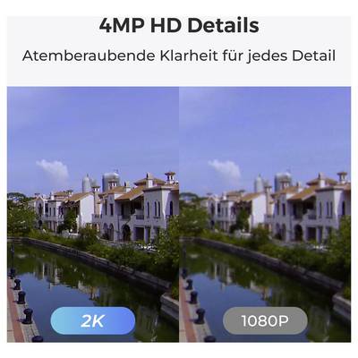 Split-Screen-Bild, das die Auflösungen '2K' und '1080P' eines Kanals mit Gebäuden vergleicht und die klareren Details in '2K' hervorhebt.