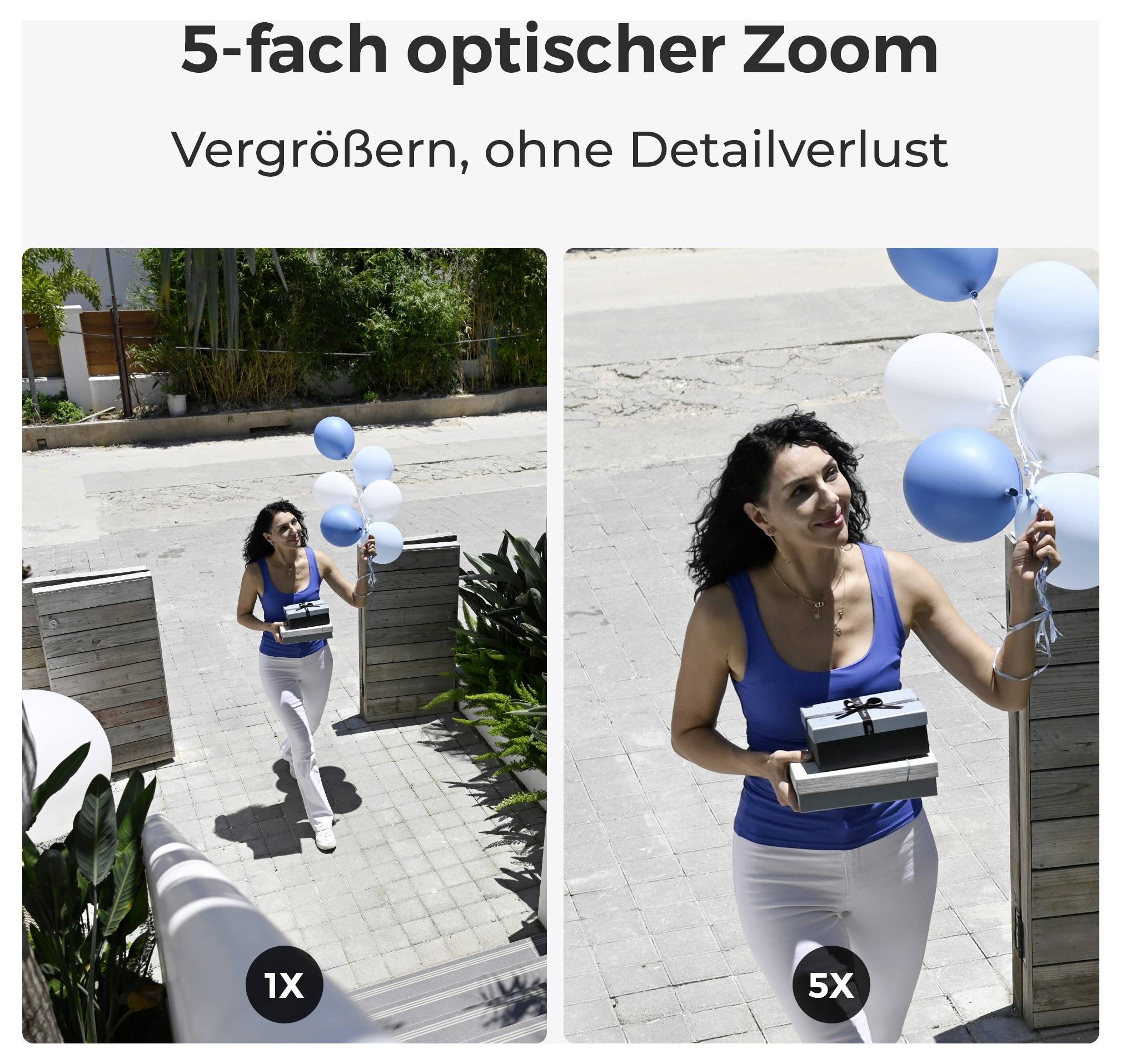 Eine Frau, die blaue und weiße Luftballons und ein Geschenk hält, dargestellt in zwei Bildern, die einen '5-fach optischen Zoom' mit unterschiedlichen Detailebenen demonstrieren.