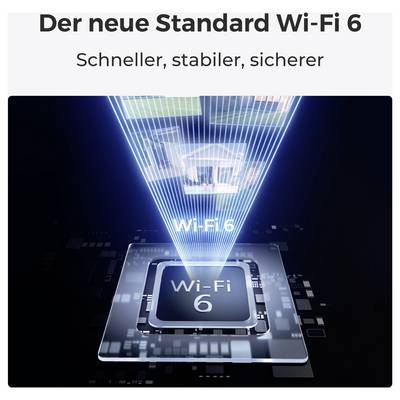 Der Text auf dem Bild zeigt 'Der neue Standard Wi-Fi 6: Schneller, stabiler, sicherer' über einer futuristischen Darstellung eines Wi-Fi-6-Chips, der blaues Licht nach oben abstrahlt und damit eine verbesserte Konnektivität symbolisiert.