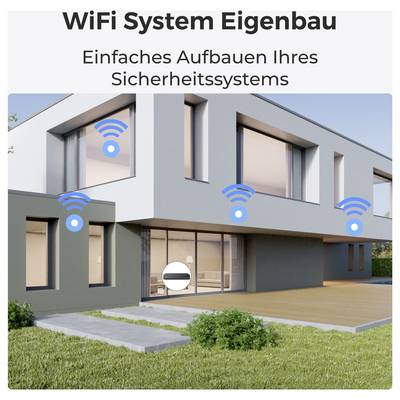 Modernes Hausäußeres mit WLAN-Symbolen an den Fenstern, was eine einfache Einrichtung eines Sicherheitssystems andeutet.