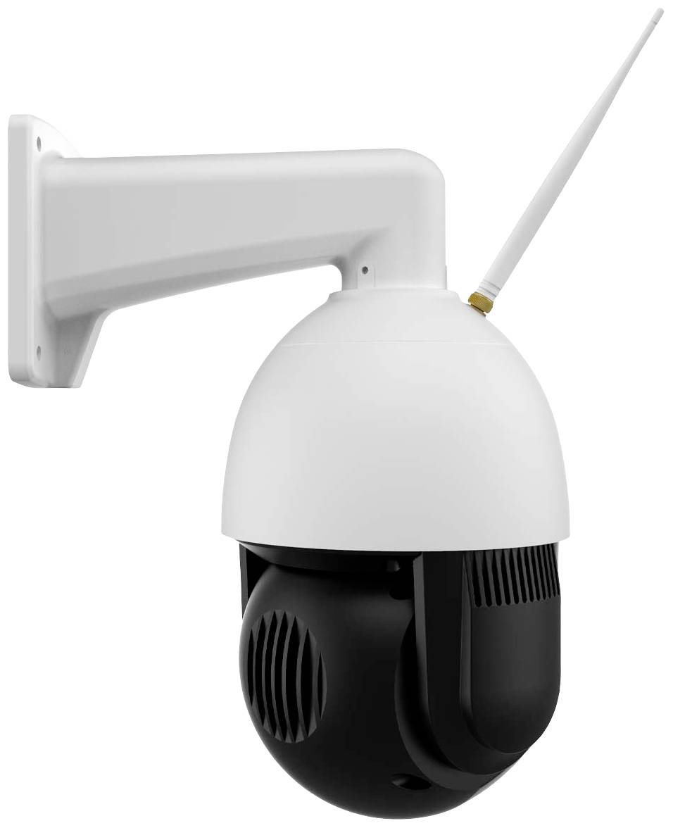 Eine weiße Überwachungskamera mit Antenne an einer Wandhalterung. Sie ist kugelförmig und kann sich schwenken und neigen.