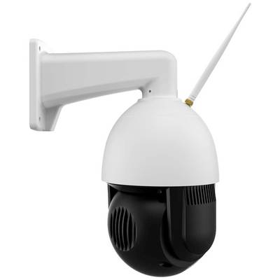Eine weiße Überwachungskamera mit Antenne an einer Wandhalterung. Sie ist kugelförmig und kann sich schwenken und neigen.