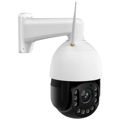 Überwachungskamera an einer Wandhalterung mit Antenne. Die Kamera ist schwarz-weiß und besitzt Infrarot-LEDs für Nachtsicht.