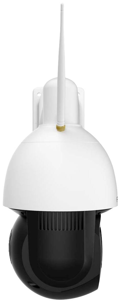 Eine Überwachungskamera mit Antenne, weißem Gehäuse und schwarzem rotierenden Kameraelement, montiert an einer Wandhalterung.