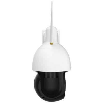 Eine Überwachungskamera mit Antenne, weißem Gehäuse und schwarzem rotierenden Kameraelement, montiert an einer Wandhalterung.