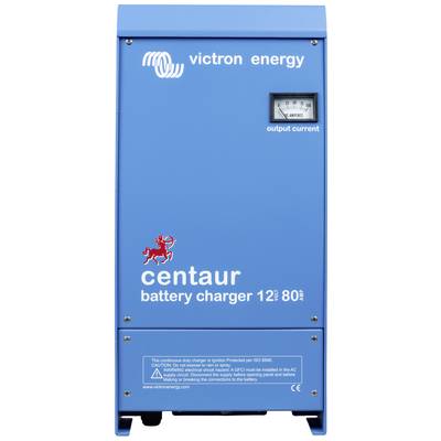 Blauer 'centaur' Batterielader von Victron Energy, zeigt Ausgangsstrom über ein Anzeigefeld. Geeignet für 12V und 80A Anwendungen.