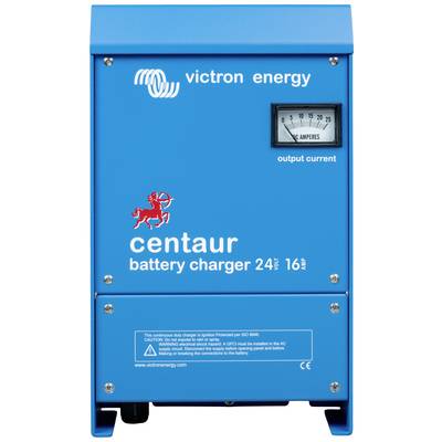 Blaues Batterieladegerät von Victron Energy. Es zeigt 'centaur battery charger 24V 16A' und ein Analoganzeige für Stromstärke.