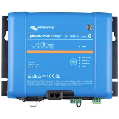 Ein blauer 'Phoenix Smart Charger' von Victron Energy mit Anzeige für Ladestufen und Anschlüsse für verschiedene Spannungen und Modi.