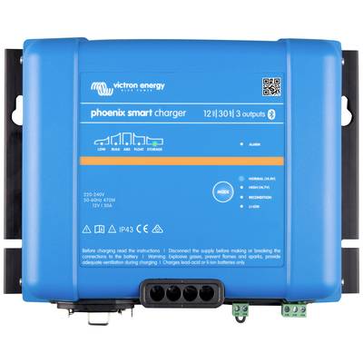 Ein blauer Victron Energy Phoenix Smart Charger mit drei Ausgängen, Modell 12V/30A. Anzeigeoptionen und Warnhinweise sind sichtbar.