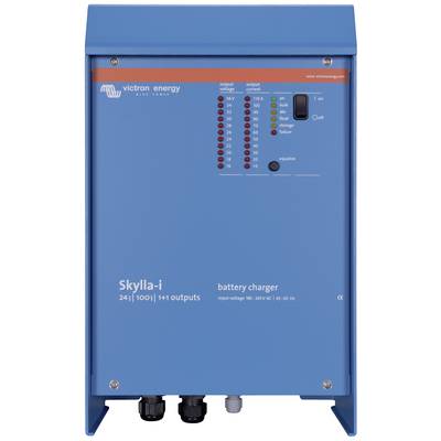 Ein blauer Batterieladegerät von Victron Energy mit mehreren Anzeigeleuchten und Anschlüssen, Modell 'Skylla-i'.