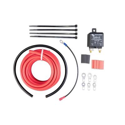 Kabelset mit roten und schwarzen Kabeln, Kabelbindern, Anschlüssen und einem Cyrix-ct-Batterietrennrelais, geeignet für Fahrzeuge.