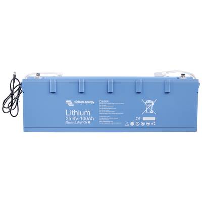 Blauer Lithium-Akku von Victron Energy, 25,6V-100Ah, Modell Smart LiFePO4. Enthält Warnhinweise und technische Symbole.