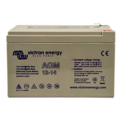'Batterie von Victron Energy, Modell AGM 12-14, mit technischen Spezifikationen und Sicherheitswarnungen auf dem Etikett.'