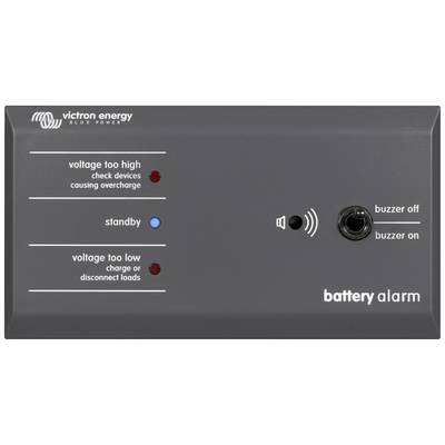 Victron Energy Batteriealarm-Panel mit LED-Anzeigen: Rot für 'zu hohe Spannung', Blau für 'Standby', Rot für 'zu niedrige Spannung'. Schalter für Summer an/aus.