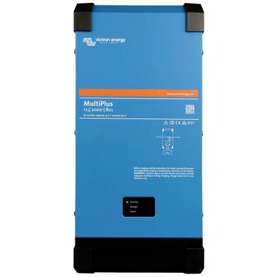 Blauer Victron Energy MultiPlus-Wechselrichter, Modell 12/2000/80-1, mit LEDs und Anschlussdiagramm. Geeignet für mobile und stationäre Anwendungen.