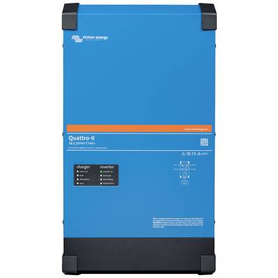 Ein blauer Wechselrichter von Victron Energy mit orangefarbenem Streifen und der Aufschrift 'Quattro-II'. Modell: 24V, 5000VA.