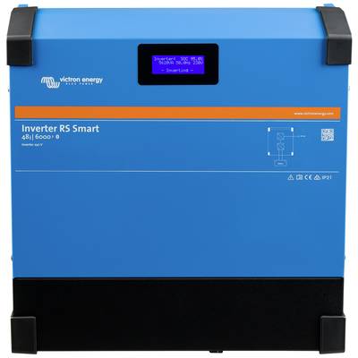 Ein blauer Inverter RS Smart von Victron Energy, Modell 48V 6000VA, mit kleinem Display und mehreren Anschlüssen unten.