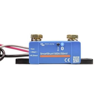Ein blauer SmartShunt von Victron Energy mit der Aufschrift '500A/50mV', enthält Anschlüsse für Hilfsstrom, Batterie und VE.Direct-Verbindung.