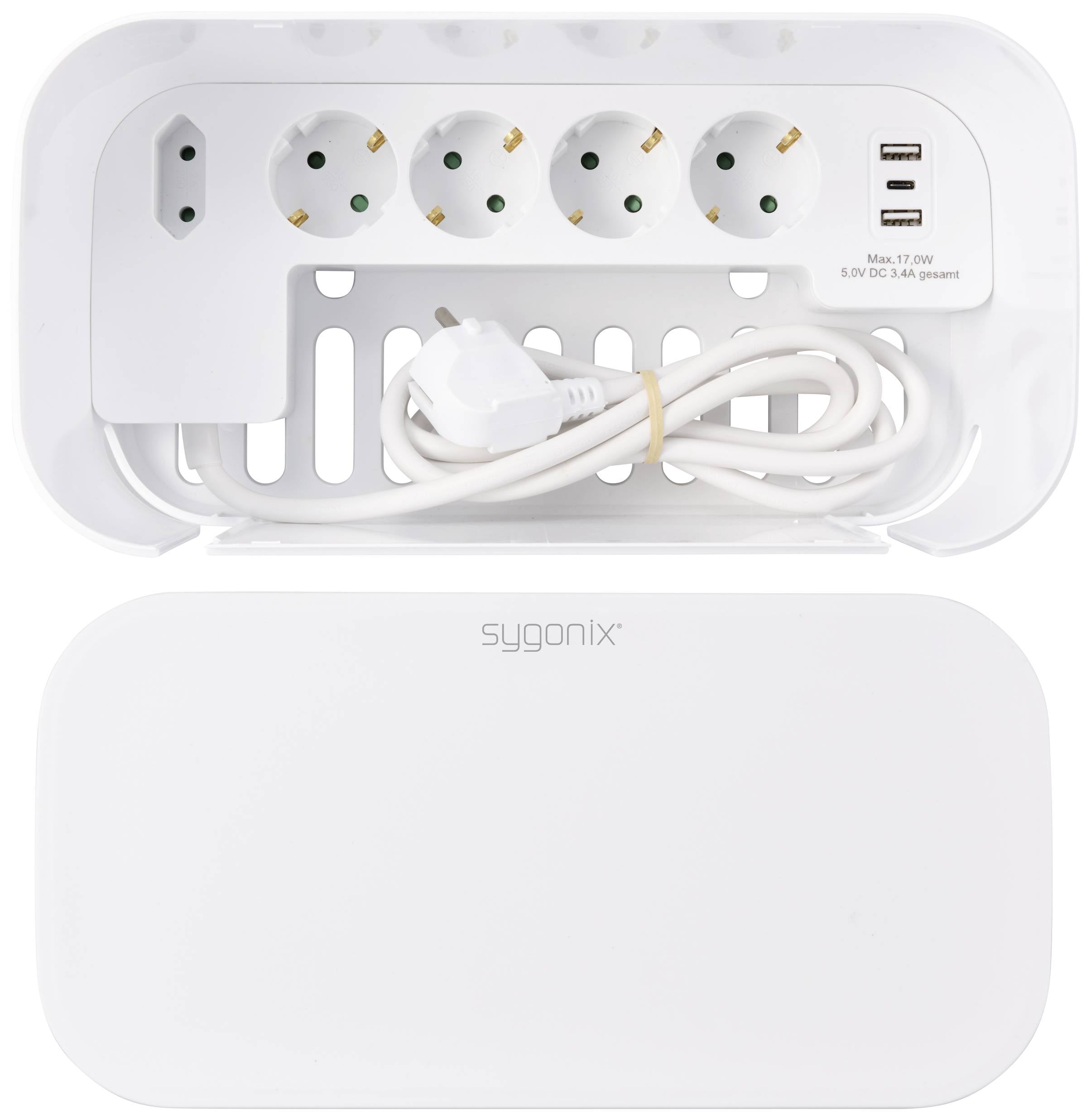Mehrfachsteckdose mit fünf Steckplätzen und zwei USB-Anschlüssen, aufbewahrt in einem weißen Plastikgehäuse mit Kabel.