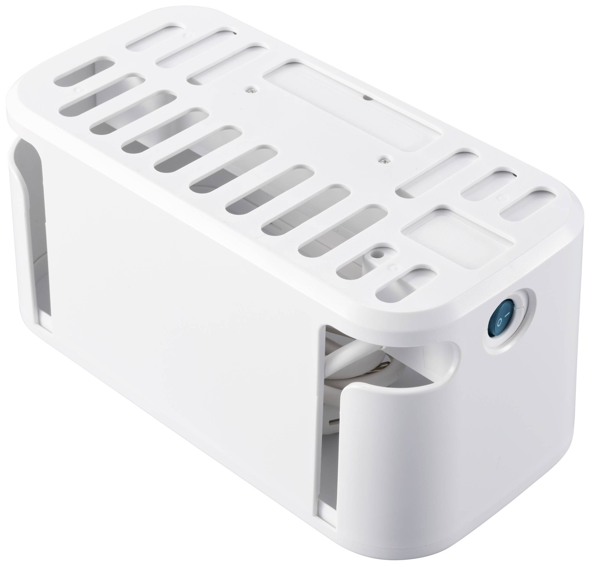 Weißes Kabelmanagement-Gehäuse mit Schlitzen für Belüftung und Zugang. Enthält Kabel, die teilweise sichtbar sind.