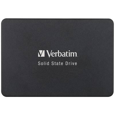 Schwarze Verbatim Solid State Drive mit weißem Logo und Schriftzug in der Mitte.