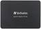 Schwarze Verbatim Solid State Drive mit weißem Logo und Schriftzug in der Mitte.