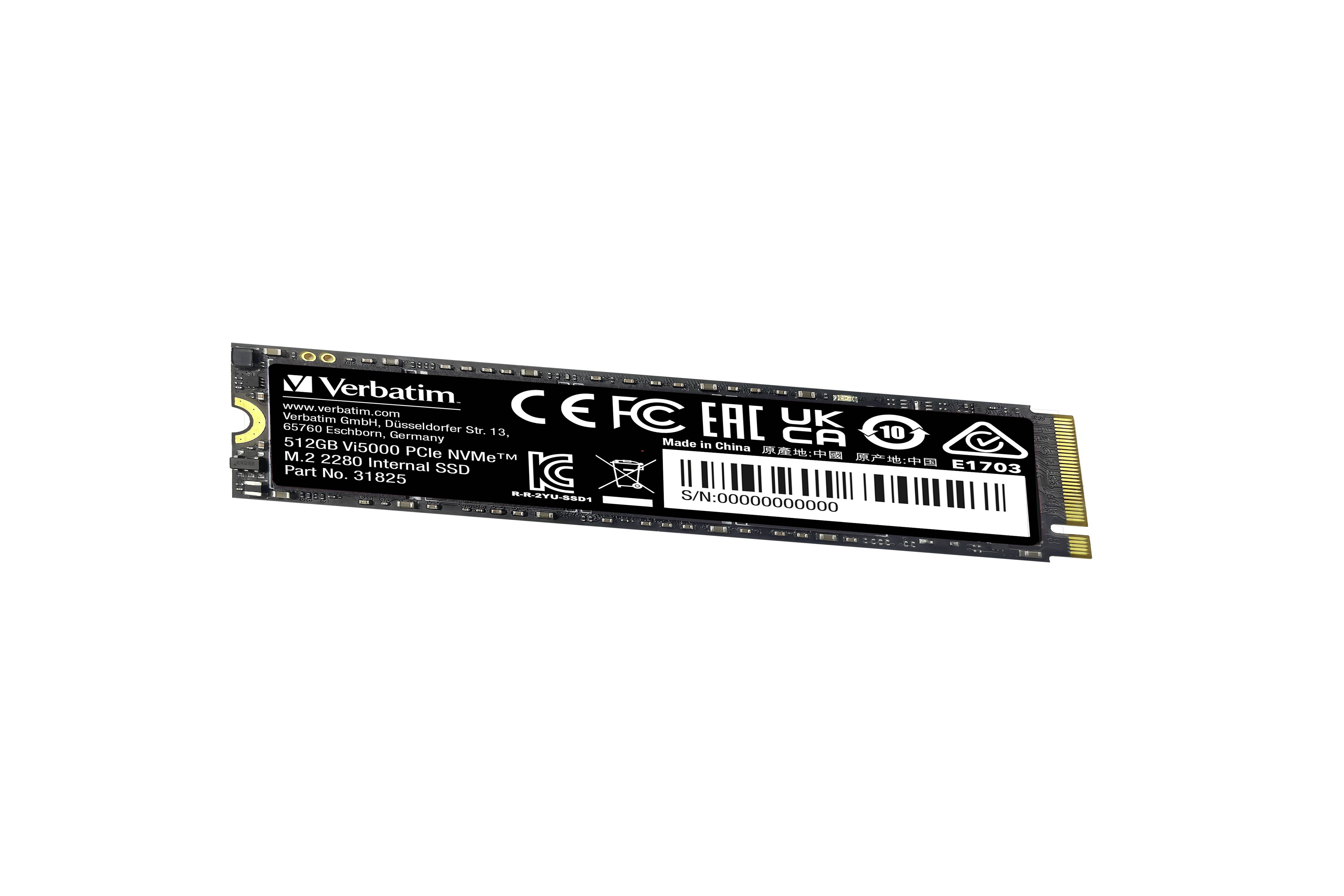 'Verbatim M.2 NVMe PCIe SSD mit 512GB: Schwarzes, rechteckiges Steckmodul mit Aufkleber, technischen Details und Barcode; geeignet für Computer-Speichererweiterung.'