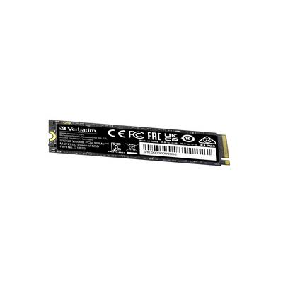 'Verbatim M.2 NVMe PCIe SSD mit 512GB: Schwarzes, rechteckiges Steckmodul mit Aufkleber, technischen Details und Barcode; geeignet für Computer-Speichererweiterung.'
