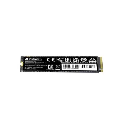 Eine Verbatim M.2 2280 interne SSD mit 512GB Kapazität, verwendet PCIe NVMe-Schnittstelle. Zeigt detaillierte Seriennummer und Zertifizierungen.
