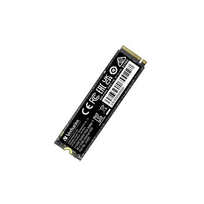 Eine schwarze M.2 SSD von Verbatim mit labels und Logos, die verschiedene Zertifizierungen und Speicherkapazität anzeigen.