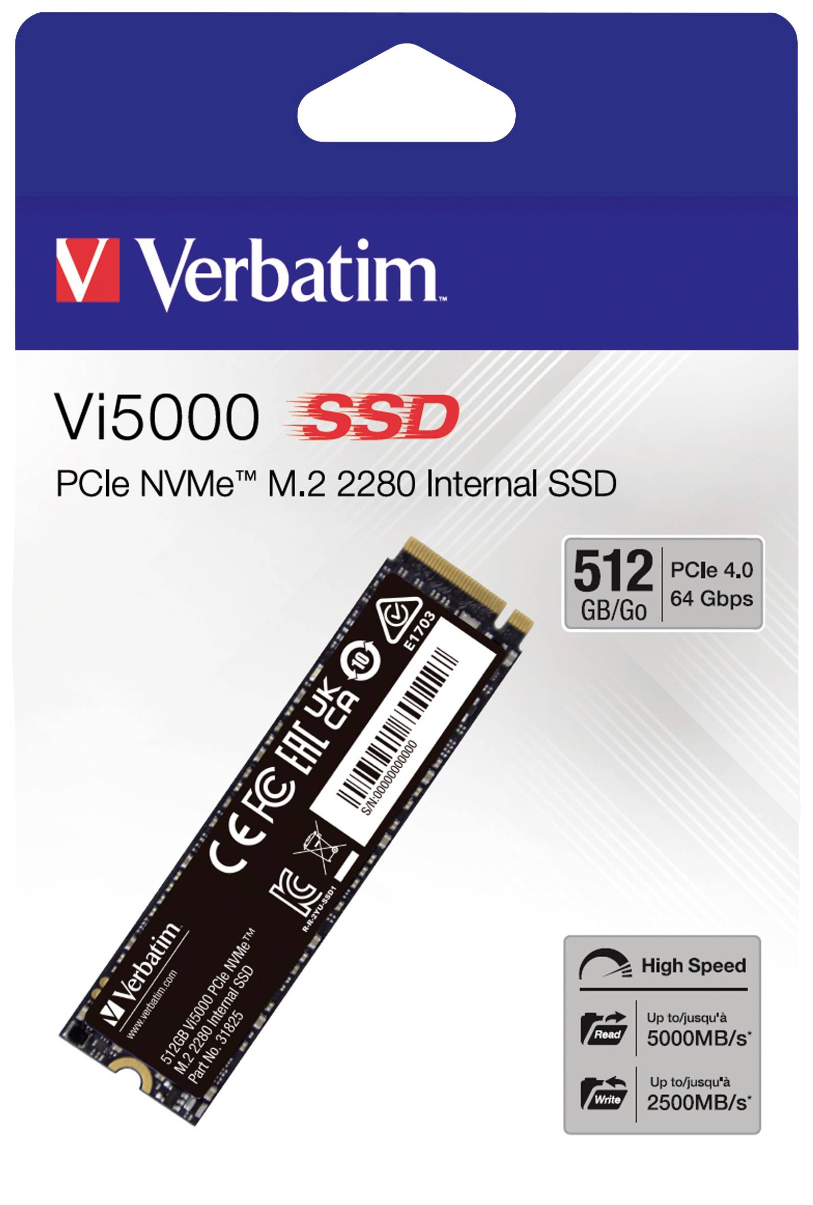 Verbatim Vi5000 SSD, PCIe NVMe M.2 2280, 512 GB, PCIe 4.0. Verpackung zeigt Bild der SSD mit Symbolen für hohe Lese-/Schreibgeschwindigkeit.